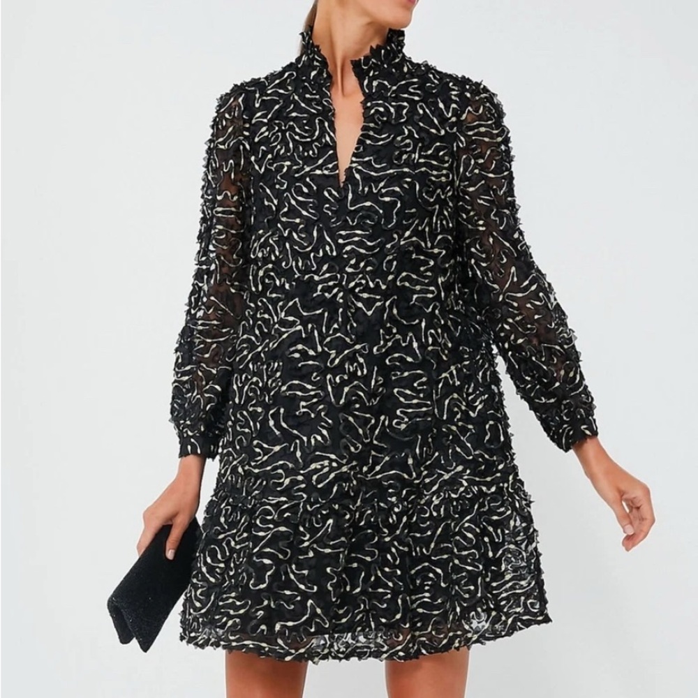 Tuckernuck Black and White Ruffle-Textured Long-Sleeve Dress